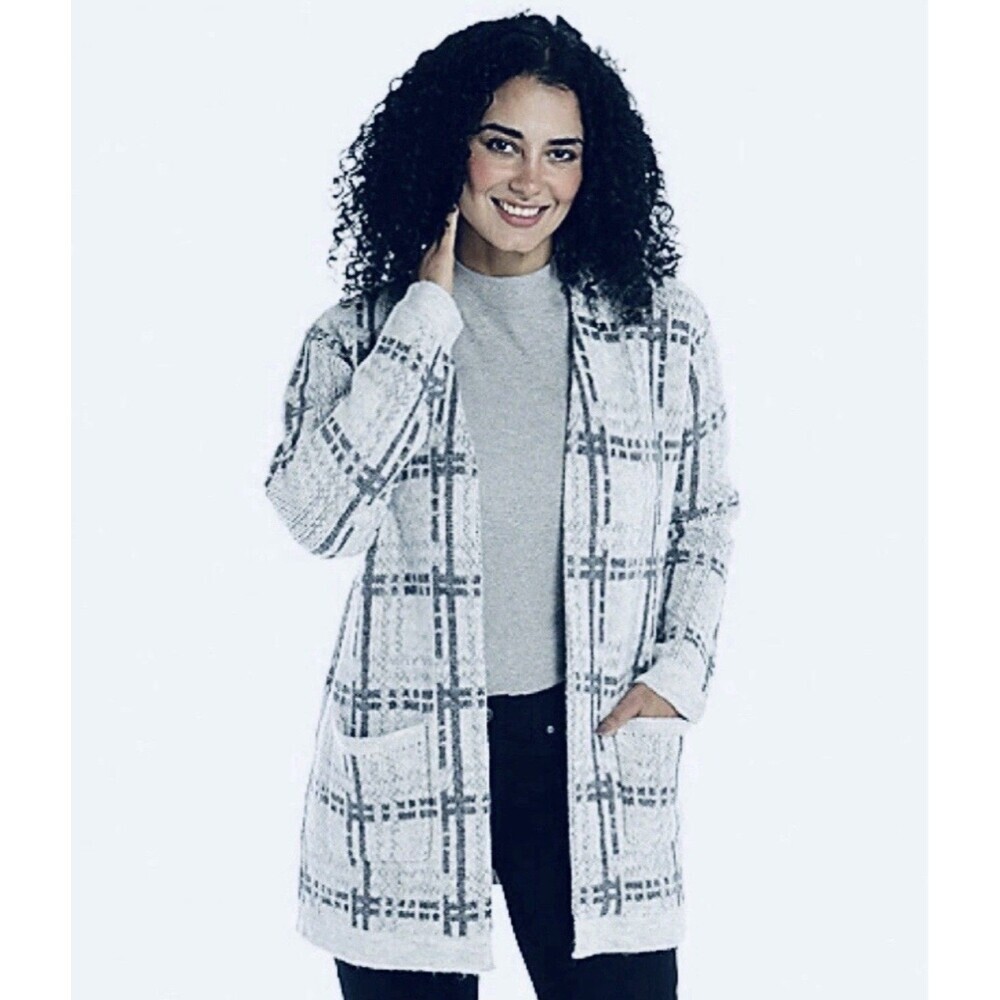 Christopher Banks Gray Plaid Open Front Pocket Cardigan Sweater Plus Size 3X New